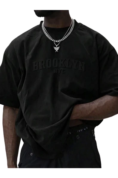 Erkek Brooklyn Kabartma Baskılı Oversize T-Shirt - Resim 2