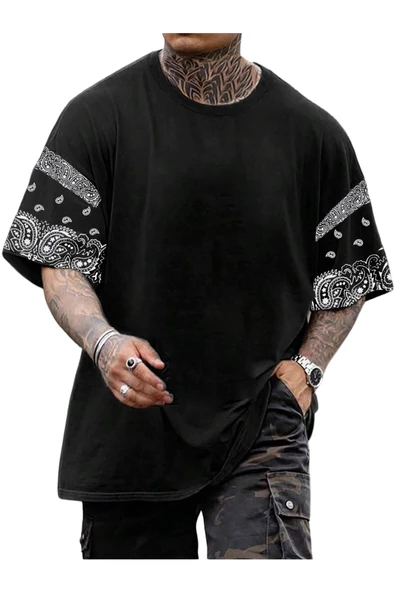 Erkek Duman Gri Kol Desenli Oversize T-shirt - 5