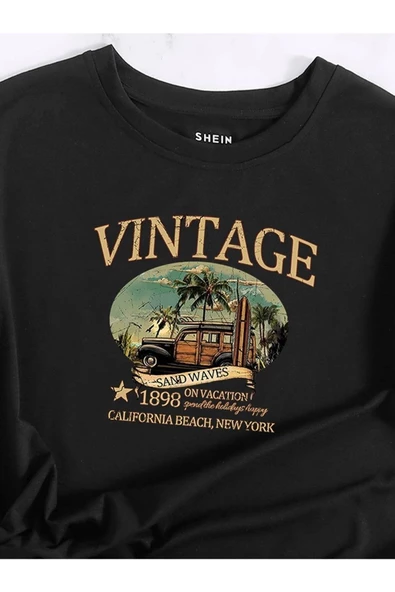 Kadın Siyah Vintage Sand Waves Baskılı Oversize T-shirt - 2