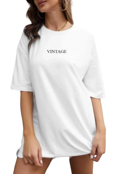 Kadın Beyaz Vintage Baskılı Oversize T-shirt