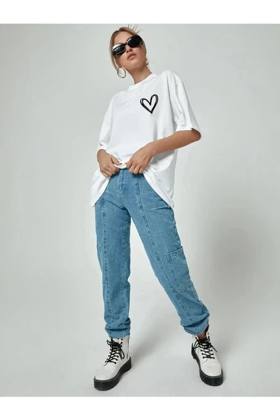 Kadın Kalp Baskılı Oversize T-shirt - 10