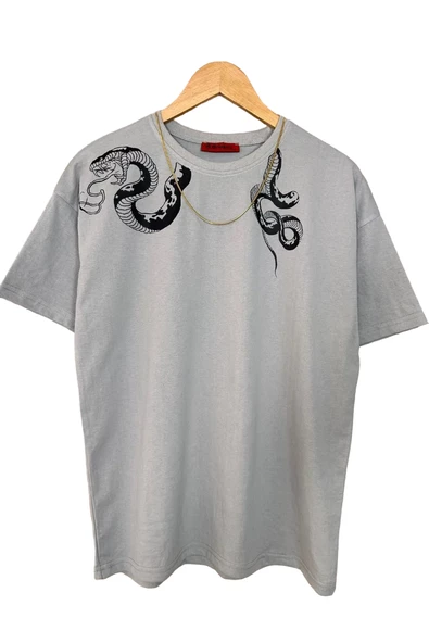 Erkek Yılan Baskılı Oversize Bisiklet Yaka T-Shirt - 3