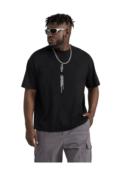 Erkek Göğüs Dikey Baskılı Oversize T-shirt - 5