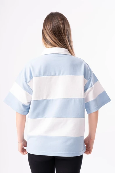 Kadın Polo Yaka Çizgili Oversize T-Shirt - 4