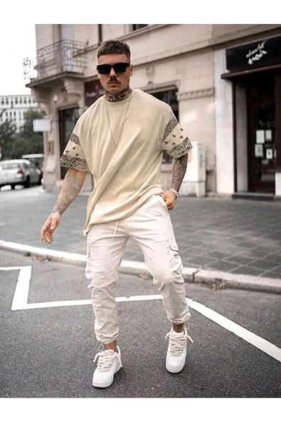 Erkek Duman Gri Kol Desenli Oversize T-shirt - 7