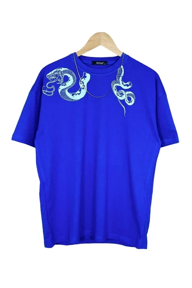 Erkek Yılan Baskılı Oversize Bisiklet Yaka T-Shirt - 5