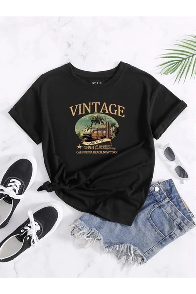 Kadın Siyah Vintage Sand Waves Baskılı Oversize T-shirt - 3