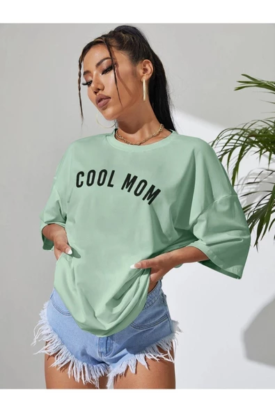 Kadın Cool Mom Baskılı Oversize Bisiklet Yaka T-shirt - 6