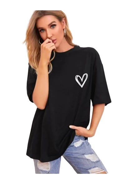 Kadın Kalp Baskılı Oversize T-shirt - 4