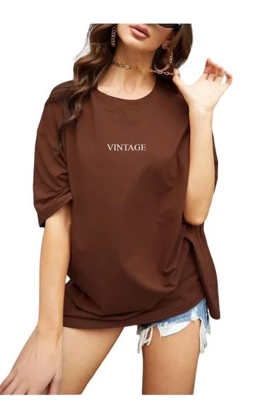 Kadın Vintage Baskılı Oversize T-shirt