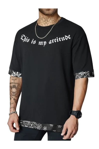 Erkek Siyah Attitude Baskılı Desenli Oversize T-shirt