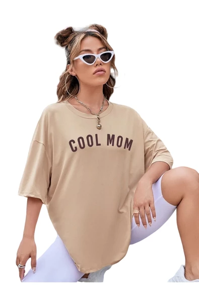 Kadın Cool Mom Baskılı Oversize Bisiklet Yaka T-shirt