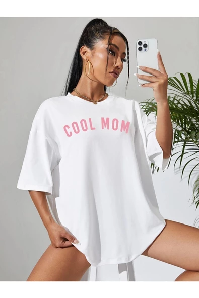 Kadın Cool Mom Baskılı Oversize Bisiklet Yaka T-shirt - 12