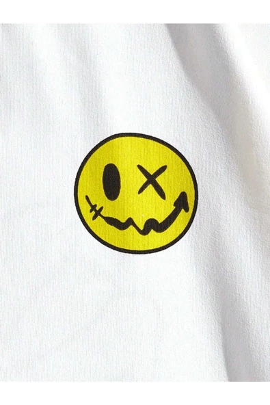 Kadın Beyaz Papatya Baskılı Bisiklet Yaka T-shirt - 4