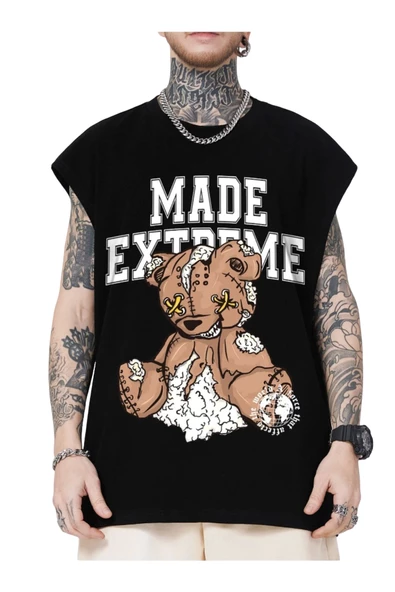 Erkek Siyah Made Extreme Baskılı Kolsuz T-shirt