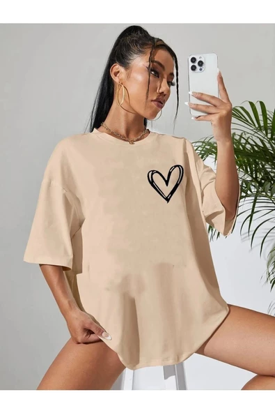 Kadın Kalp Baskılı Oversize T-shirt - 7