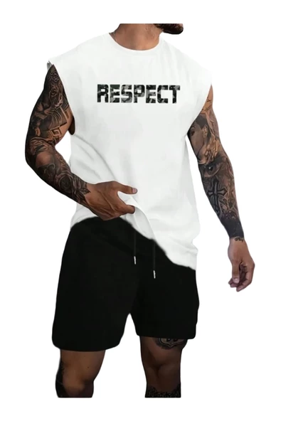 Erkek Beyaz Respect Baskılı Kolsuz T-shirt Şort Takım