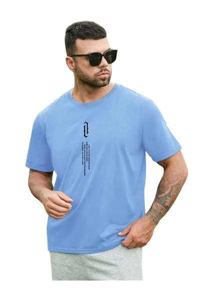 Erkek Göğüs Dikey Baskılı Oversize T-shirt - 4