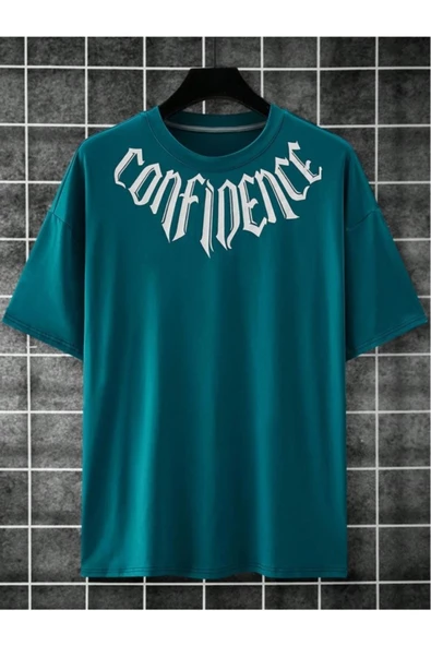 Erkek Petrol Mavi Yaka Baskılı Oversize T-shirt - 2