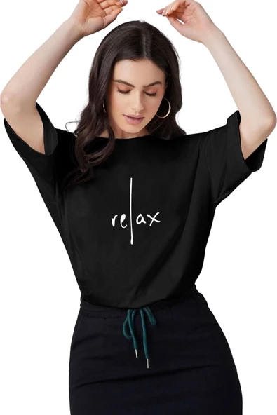 Kadın Siyah Relax Baskılı Oversize T-shirt