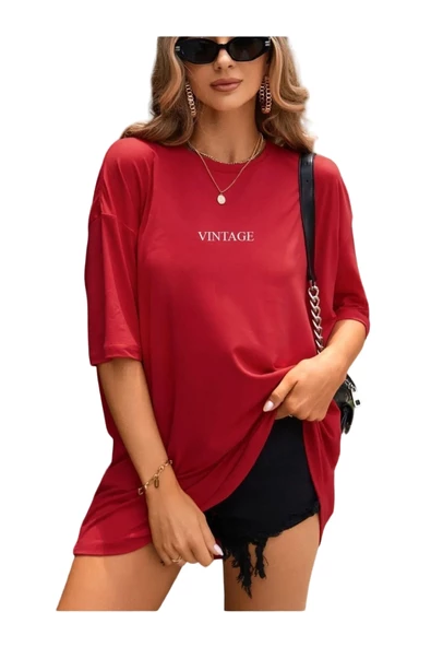 Kadın Vintage Baskılı Oversize T-shirt - 2
