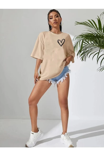Kadın Kalp Baskılı Oversize T-shirt - 8