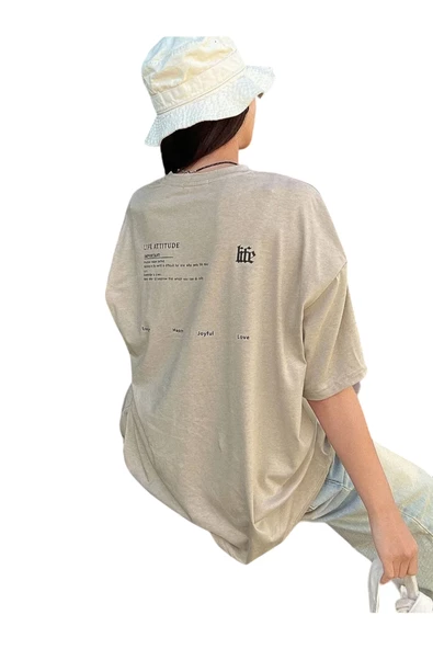 Kadın Life Sırt Baskılı Oversize Bisiklet Yaka T-shirt
