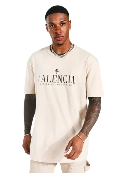 Erkek Bej Valencia Baskılı Oversize Tshirt