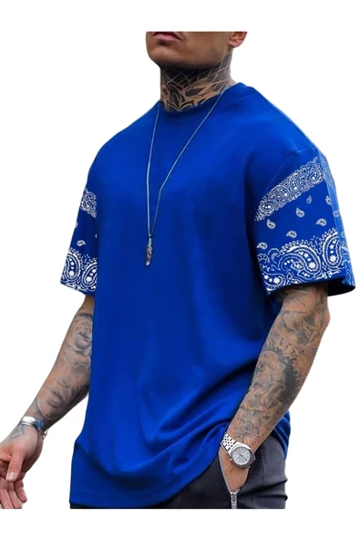 Erkek Duman Gri Kol Desenli Oversize T-shirt - 4
