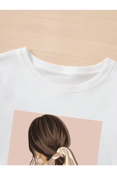 Kadın Beyaz Saç Baskılı Oversize Bisiklet Yaka T-shirt - 2