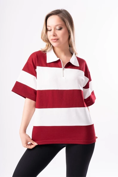Kadın Polo Yaka Çizgili Oversize T-Shirt - 9