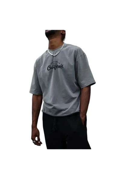 Erkek Göğüs California Baskılı Oversize Bisiklet Yaka T-shirt - Resim 2