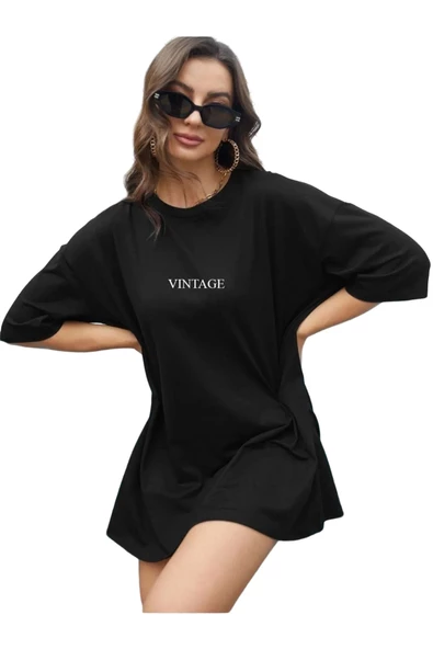 Kadın Vintage Baskılı Oversize T-shirt - 4