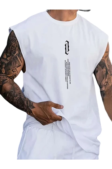 Erkek Dikey Baskılı Oversize Kolsuz T-shirt - 4
