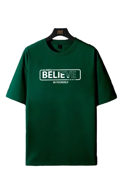 Erkek Yeşil Always Believe Baskılı Oversize T-shirt