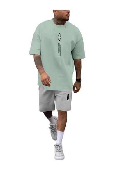 Erkek Dikey Baskılı T-Shirt Şort - 4