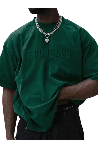 Erkek Brooklyn Kabartma Baskılı Oversize T-Shirt - Resim 3