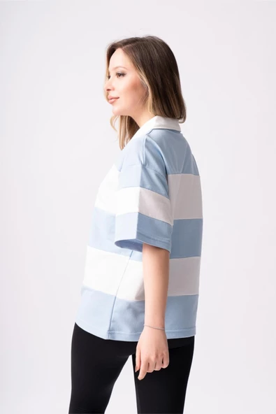 Kadın Polo Yaka Çizgili Oversize T-Shirt - 2