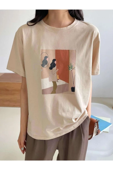 Kadın Bej Kadın Figür Baskılı Oversize Bisiklet Yaka T-Shirt - 3