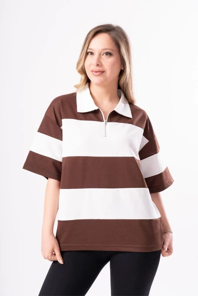 Kadın Polo Yaka Çizgili Oversize T-Shirt - 5