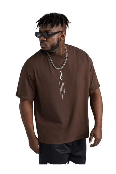 Erkek Göğüs Dikey Baskılı Oversize T-shirt - 3
