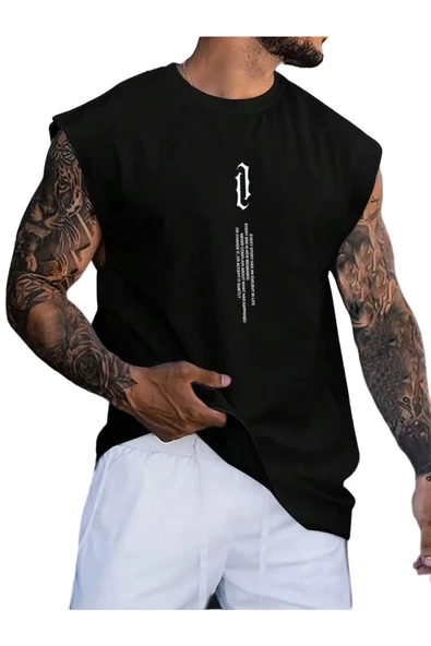 Erkek Dikey Baskılı Oversize Kolsuz T-shirt - 5