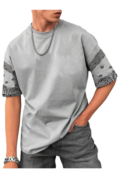 Erkek Duman Gri Kol Desenli Oversize T-shirt - 3