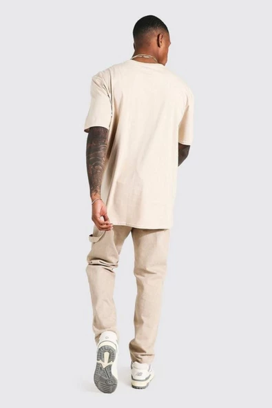 Erkek Bej Valencia Baskılı Oversize Tshirt - 2