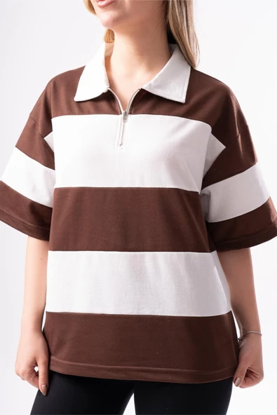 Kadın Polo Yaka Çizgili Oversize T-Shirt - 7