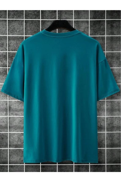 Erkek Petrol Mavi Yaka Baskılı Oversize T-shirt - 3