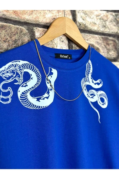 Erkek Yılan Baskılı Oversize Bisiklet Yaka T-Shirt - 10