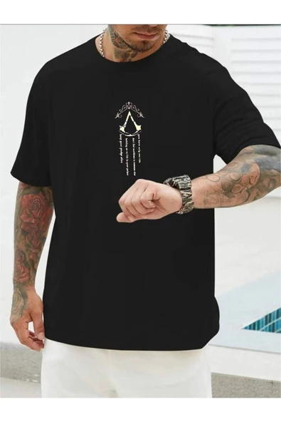Erkek Siyah V Dikey Baskılı Oversize Bisiklet Yaka T-shirt - 2