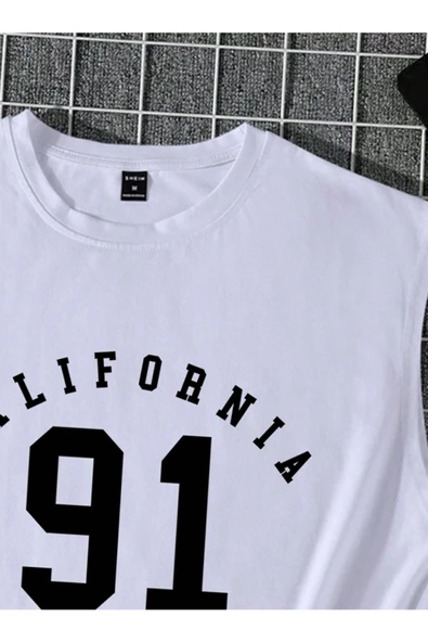Erkek Beyaz California 91 Baskılı Kolsuz T-shirt - 3