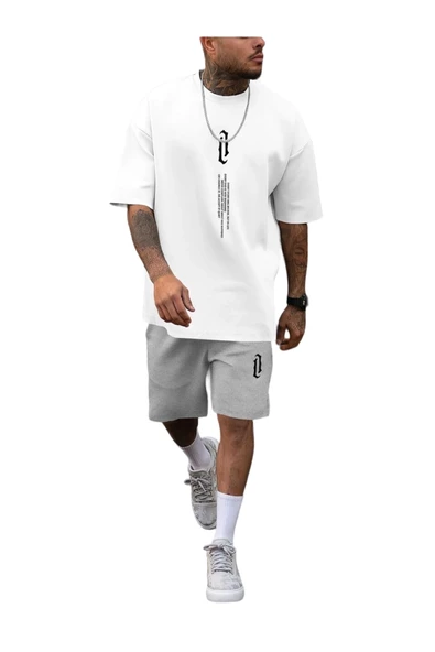 Erkek Dikey Baskılı T-Shirt Şort - 2
